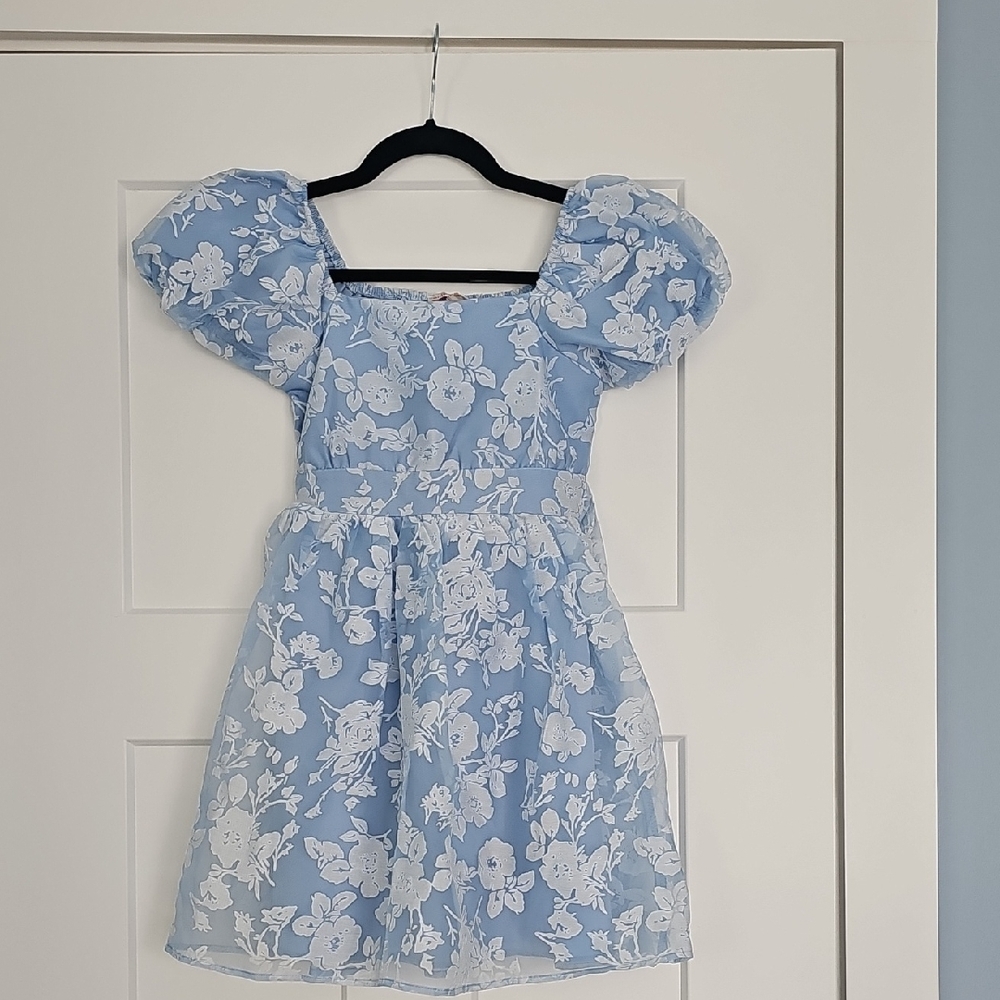 Girls Blue Floral Puff-Sleeve Dress